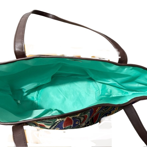 Womens Neiman Marcus Multicolor Print Design Raffia Faux LeatherTote Bag - Picture 3 of 5